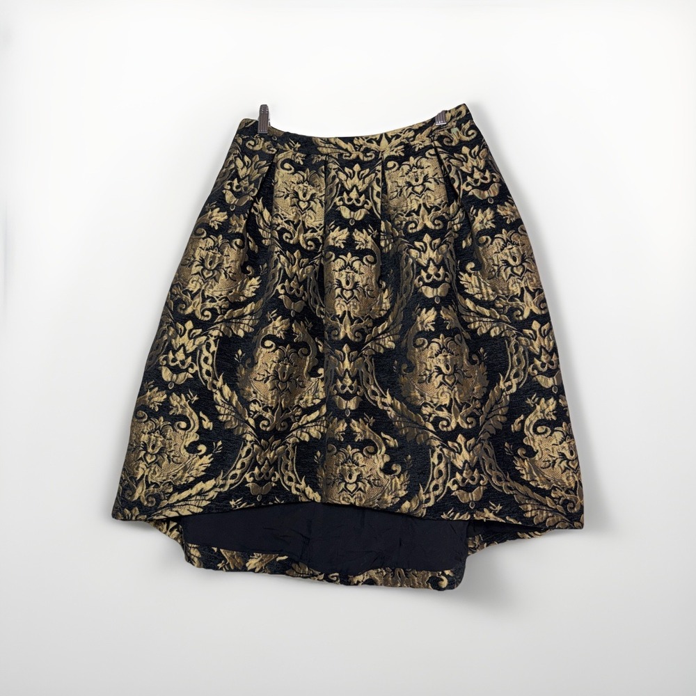 Gianni Bini Gold Black Embossed Priscilla Jaquard A-Line Hi-Low Skirt Size L NWT